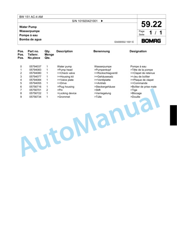 Bomag BW 151 AC-4 AM Combination Roller Spare Parts Catalogue 00818559-2