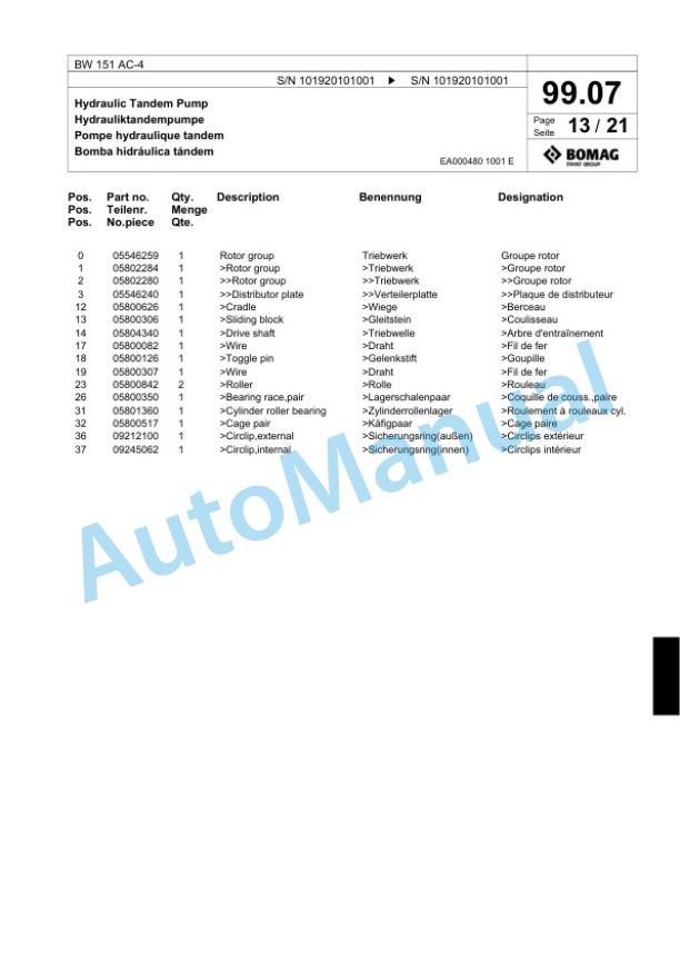 Bomag BW 151 AC-4 Combination Roller Spare Parts Catalogue 00819699-4