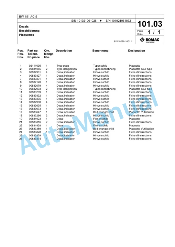 Bomag BW 151 AC-5 Combination Roller Spare Parts Catalogue 00824057-3