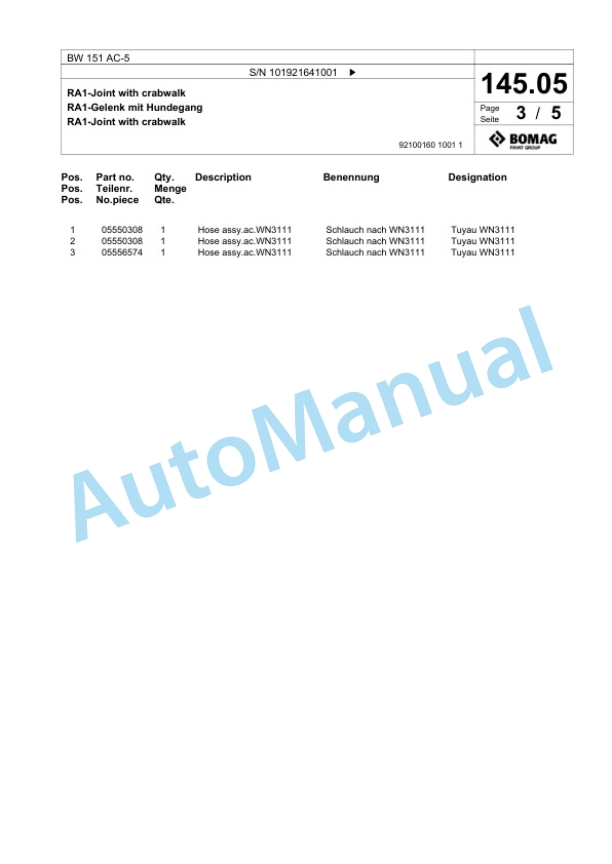 Bomag BW 151 AC-5 Combination Roller Spare Parts Catalogue 00825349-3
