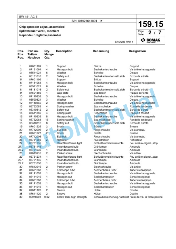 Bomag BW 151 AC-5 Combination Roller Spare Parts Catalogue 00825349-5