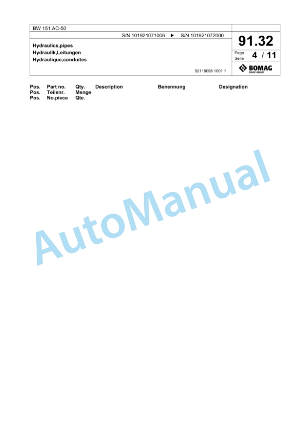 Bomag BW 151 AC-50 Combination Roller Spare Parts Catalogue 00824503-2