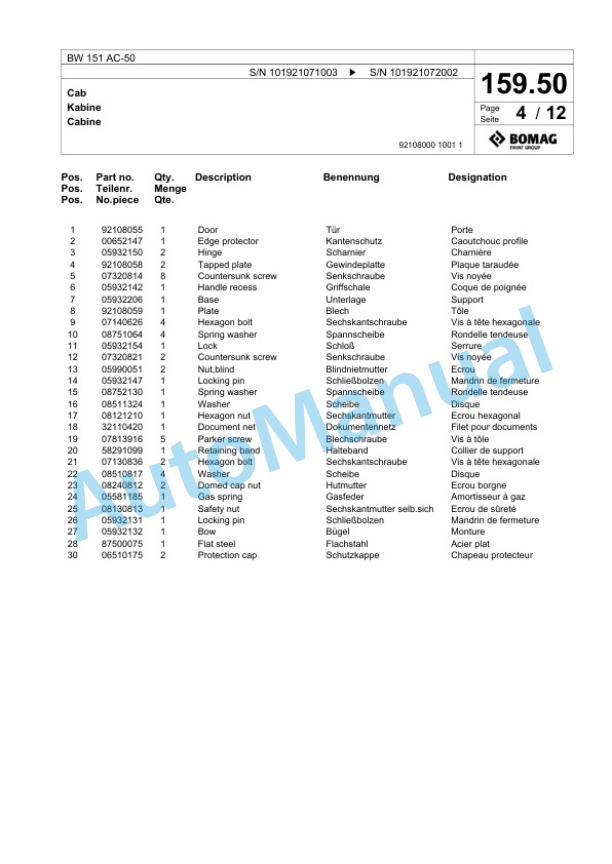 Bomag BW 151 AC-50 Combination Roller Spare Parts Catalogue 00824503-5
