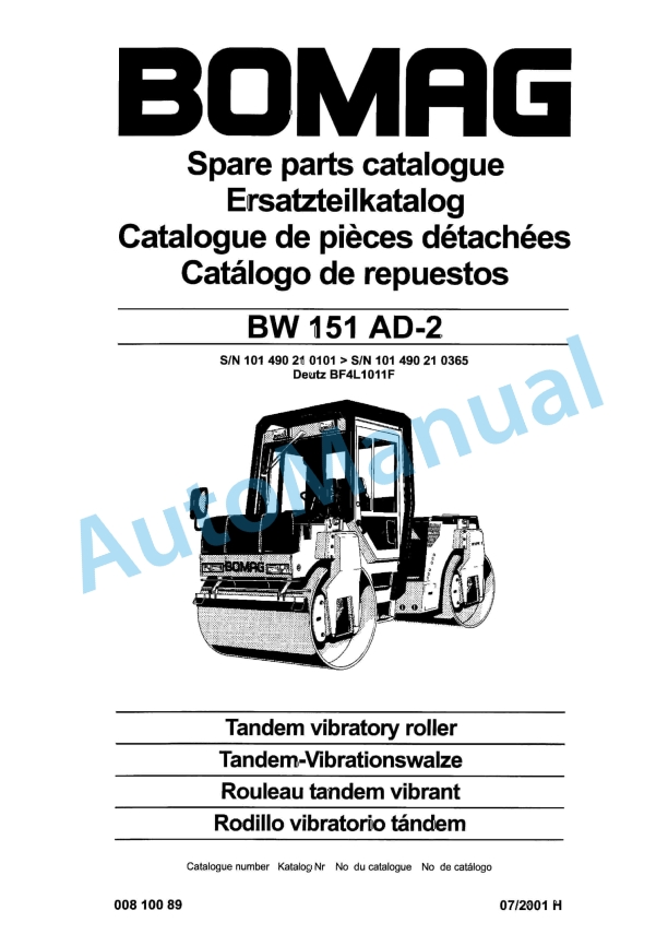 Bomag BW 151 AD-2 Tandem Vibratory Roller Spare Parts Catalogue 00810089