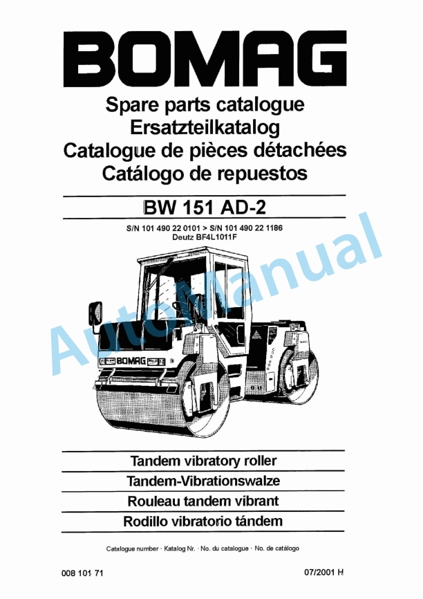 Bomag BW 151 AD-2 Tandem Vibratory Roller Spare Parts Catalogue 00810171