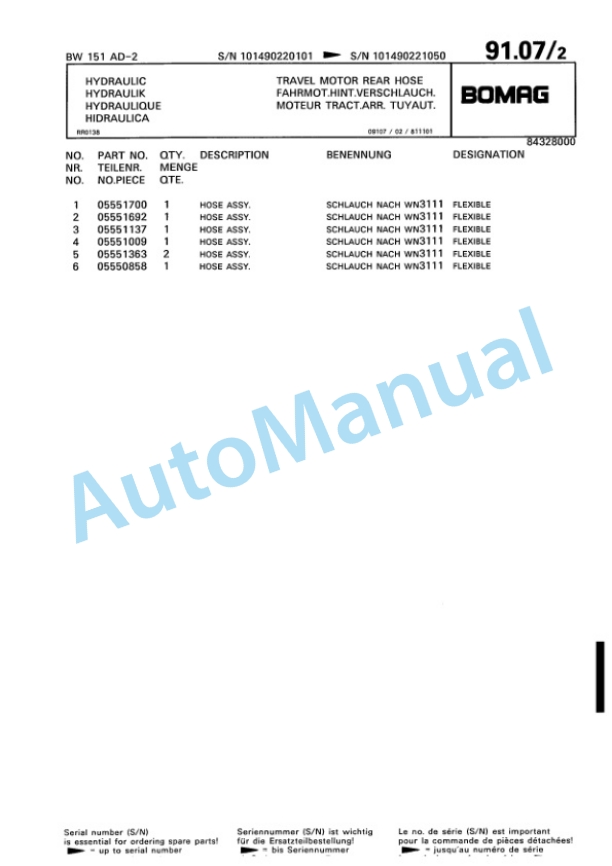 Bomag BW 151 AD-2 Tandem Vibratory Roller Spare Parts Catalogue 00810171-2