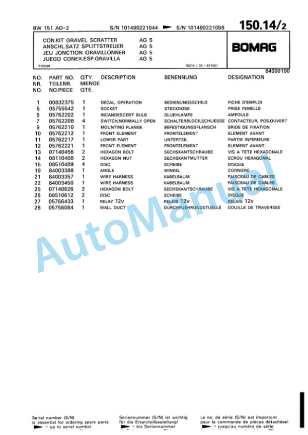 Bomag BW 151 AD-2 Tandem Vibratory Roller Spare Parts Catalogue 00810171-3