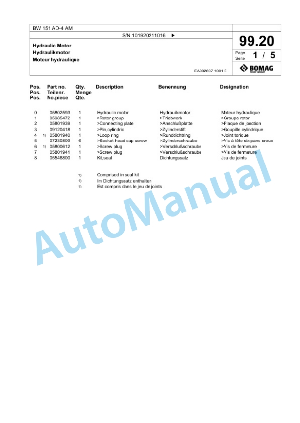 Bomag BW 151 AD-4 AM Tandem Vibratory Roller Spare Parts Catalogue 00817913-3