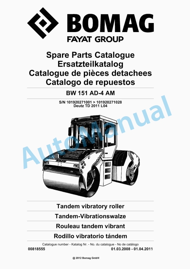 Bomag BW 151 AD-4 AM Tandem Vibratory Roller Spare Parts Catalogue 00818555