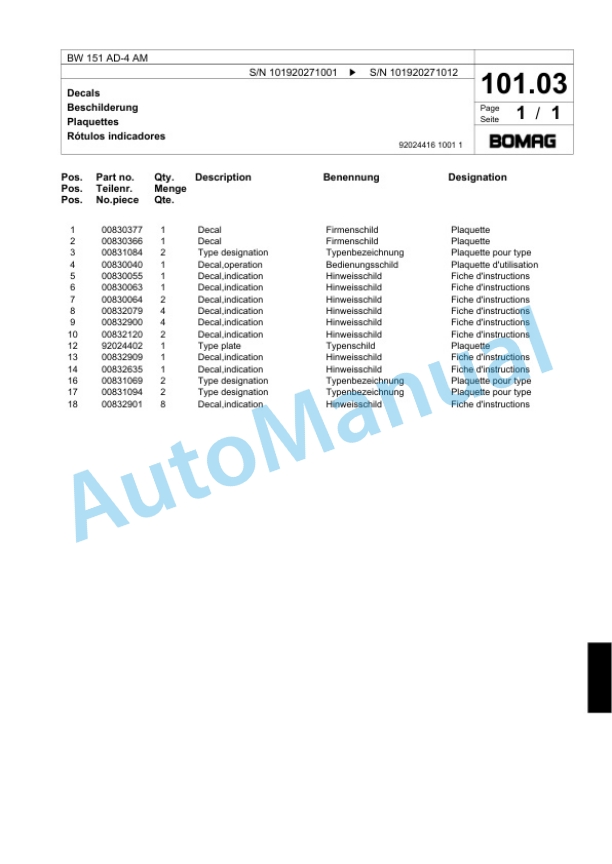 Bomag BW 151 AD-4 AM Tandem Vibratory Roller Spare Parts Catalogue 00818555-3