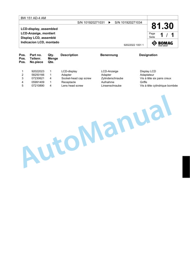 Bomag BW 151 AD-4 AM Tandem Vibratory Roller Spare Parts Catalogue 00824017-2