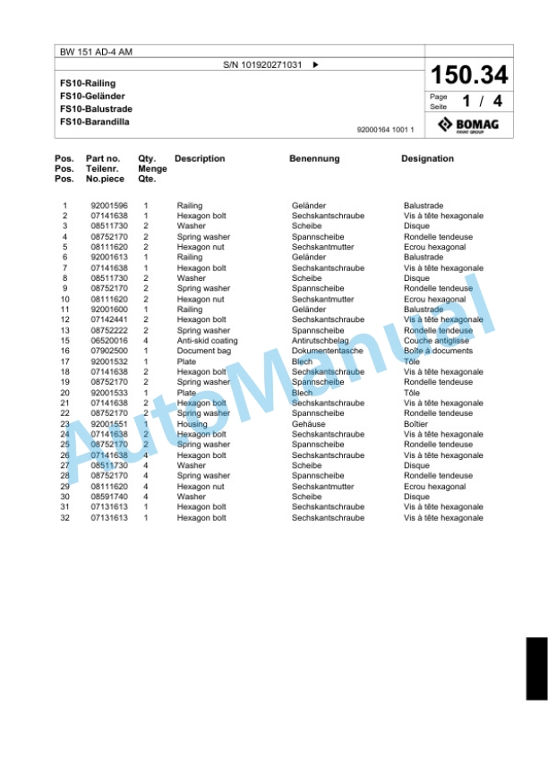 Bomag BW 151 AD-4 AM Tandem Vibratory Roller Spare Parts Catalogue 00824017-4