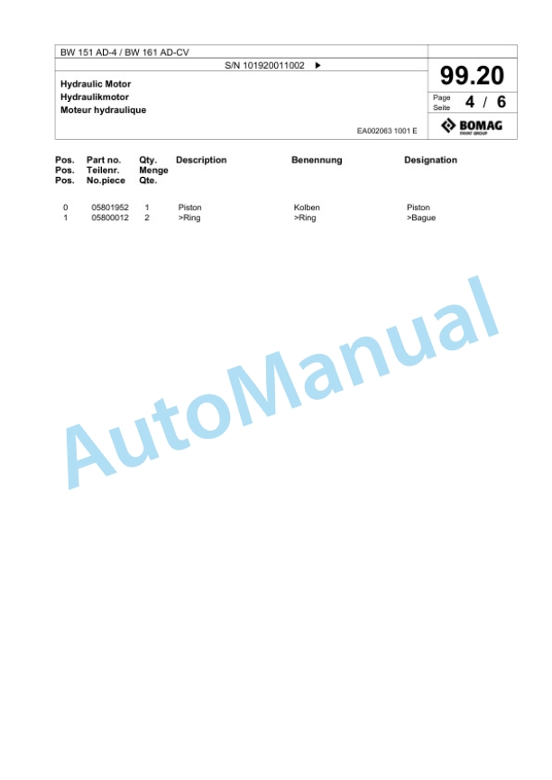 Bomag BW 151 AD-4, BW 161 AD-CV Tandem Vibratory Roller Spare Parts Catalogue 00817843-3