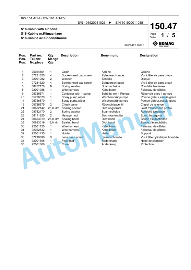 Bomag BW 151 AD-4, BW 161 AD-CV Tandem Vibratory Roller Spare Parts Catalogue 00817843-5