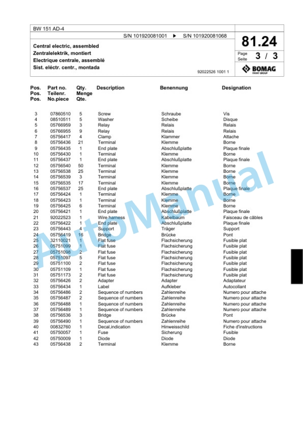 Bomag BW 151 AD-4 Tandem Vibratory Roller Spare Parts Catalogue 00818563-2