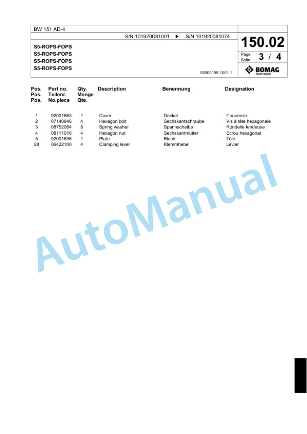 Bomag BW 151 AD-4 Tandem Vibratory Roller Spare Parts Catalogue 00818563-3