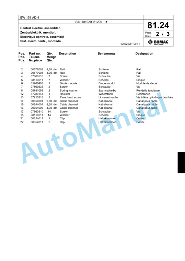 Bomag BW 151 AD-4 Tandem Vibratory Roller Spare Parts Catalogue 00824001-2