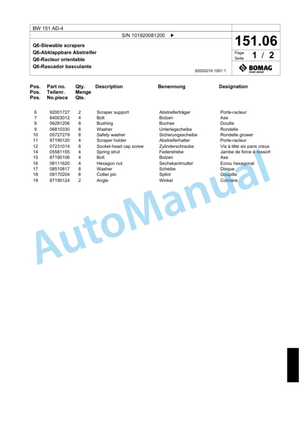 Bomag BW 151 AD-4 Tandem Vibratory Roller Spare Parts Catalogue 00824001-5