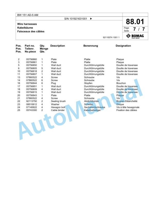 Bomag BW 151 AD-5 AM Tandem Vibratory Roller Spare Parts Catalogue 00825347-2