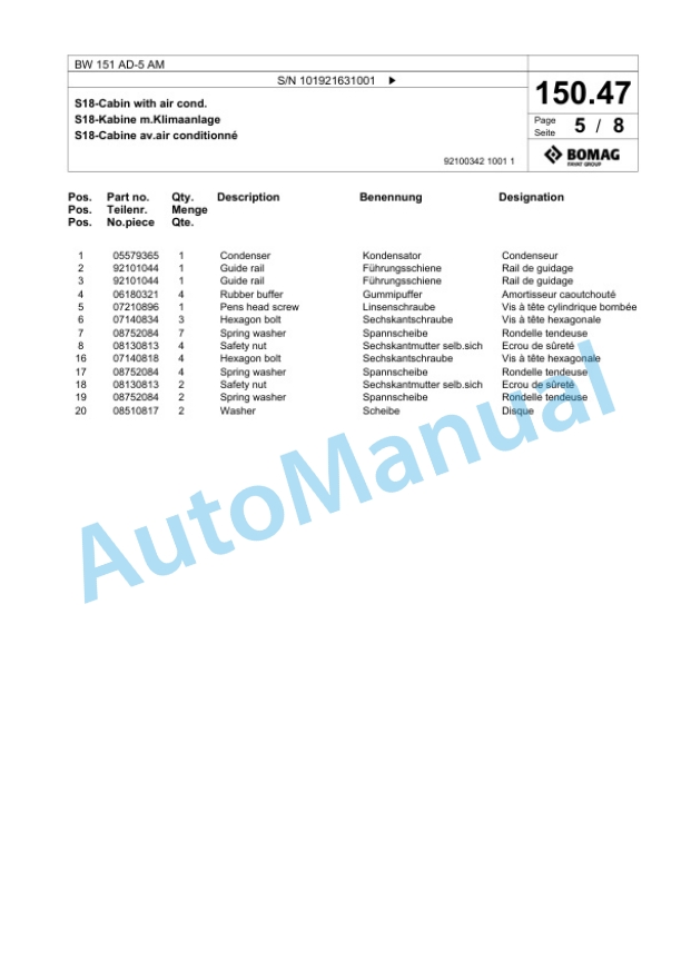 Bomag BW 151 AD-5 AM Tandem Vibratory Roller Spare Parts Catalogue 00825347-4