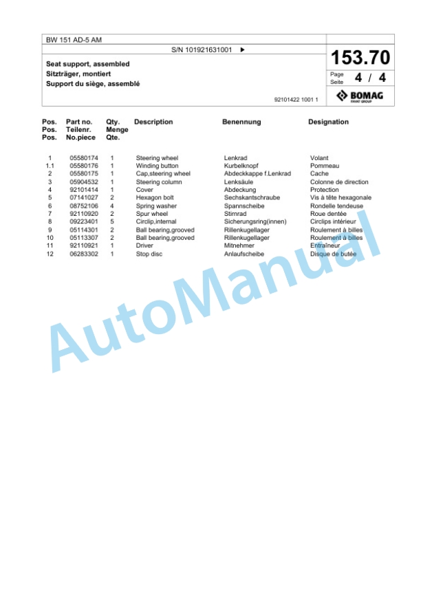 Bomag BW 151 AD-5 AM Tandem Vibratory Roller Spare Parts Catalogue 00825347-5
