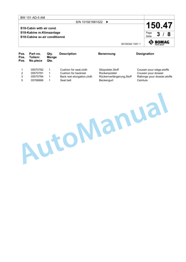 Bomag BW 151 AD-5 AM Tandem Vibratory Roller Spare Parts Catalogue 00825599-3