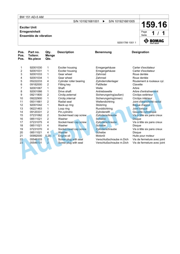 Bomag BW 151 AD-5 AM Tandem Vibratory Roller Spare Parts Catalogue 00825599-4