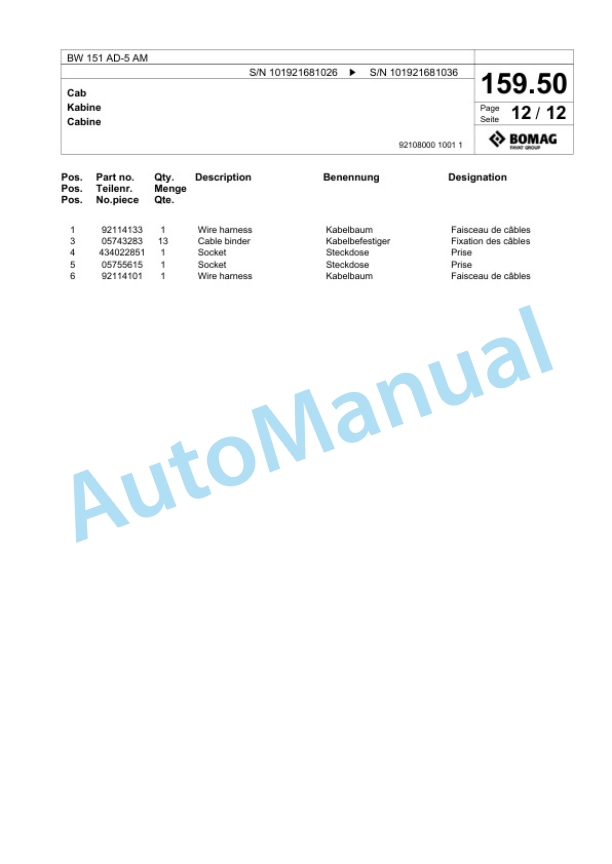 Bomag BW 151 AD-5 AM Tandem Vibratory Roller Spare Parts Catalogue 00825599-5