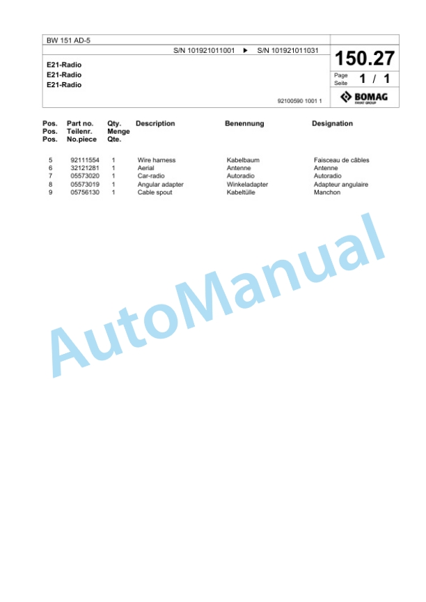 Bomag BW 151 AD-5 Tandem Vibratory Roller Spare Parts Catalogue 00824051-3