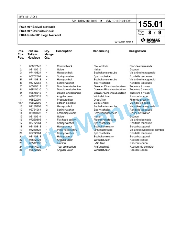 Bomag BW 151 AD-5 Tandem Vibratory Roller Spare Parts Catalogue 00824051-5