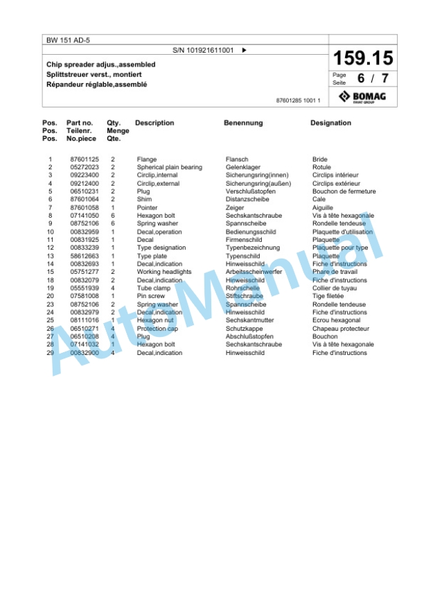 Bomag BW 151 AD-5 Tandem Vibratory Roller Spare Parts Catalogue 00825343-5