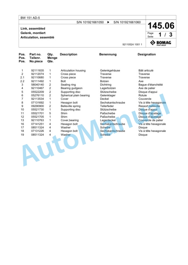 Bomag BW 151 AD-5 Tandem Vibratory Roller Spare Parts Catalogue 00825595-2