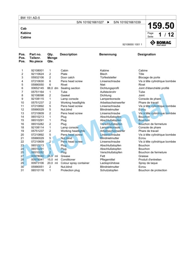 Bomag BW 151 AD-5 Tandem Vibratory Roller Spare Parts Catalogue 00825595-4