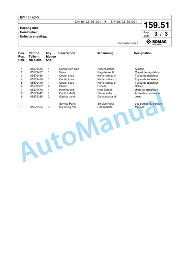 Bomag BW 151 AD-5 Tandem Vibratory Roller Spare Parts Catalogue 00825595-5