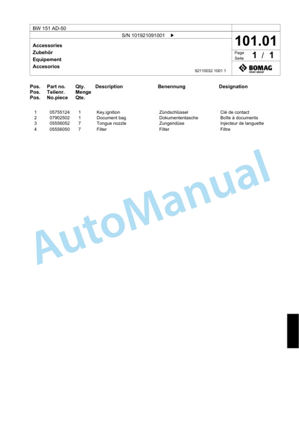 Bomag BW 151 AD-50 Tandem Vibratory Roller Spare Parts Catalogue 00824501-4