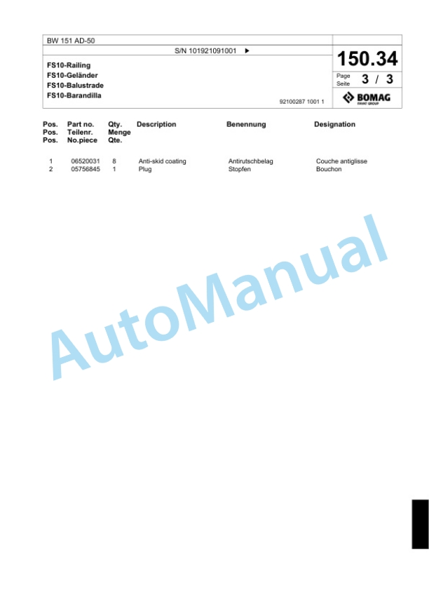 Bomag BW 151 AD-50 Tandem Vibratory Roller Spare Parts Catalogue 00824501-5