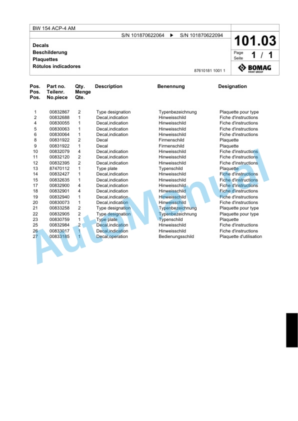 Bomag BW 154 ACP-4 AM Combination Roller Spare Parts Catalogue 00818303-4