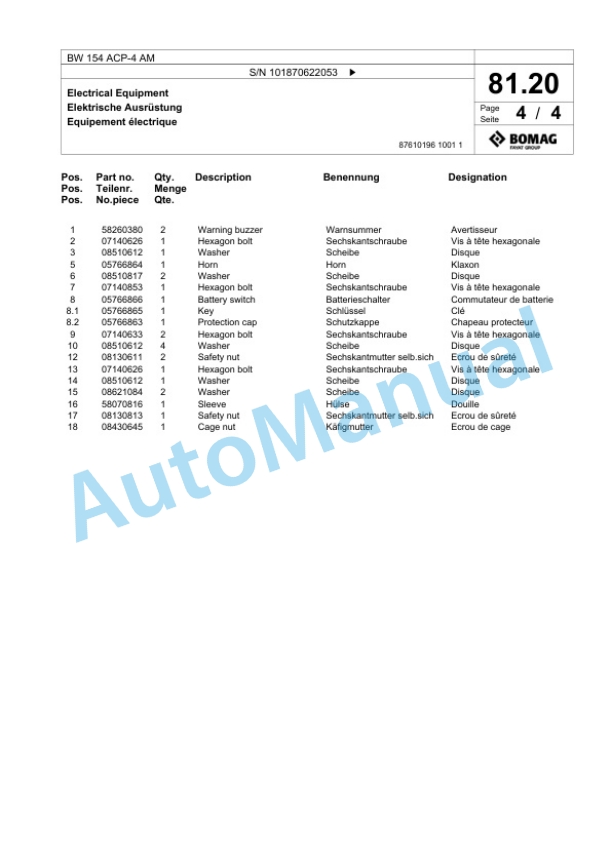 Bomag BW 154 ACP-4 AM Combination Roller Spare Parts Catalogue 00824181-2