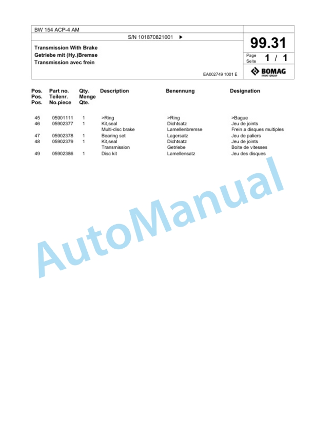 Bomag BW 154 ACP-4 AM Combination Roller Spare Parts Catalogue 00824719-3