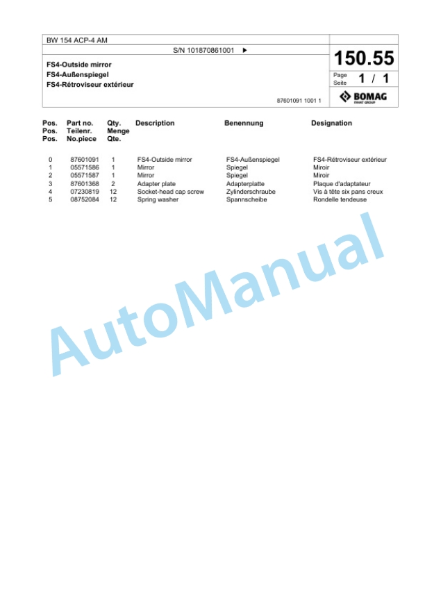 Bomag BW 154 ACP-4 AM Combination Roller Spare Parts Catalogue 00825673-3