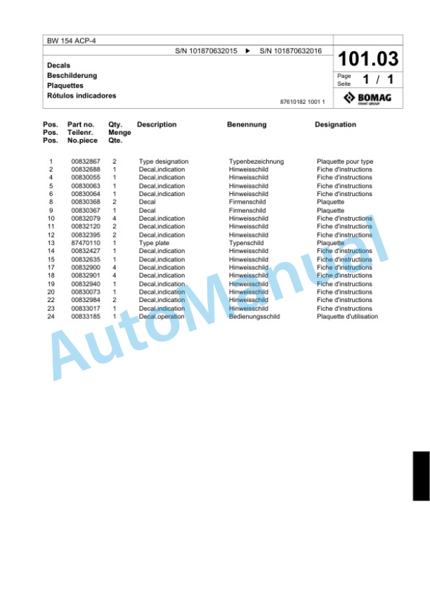 Bomag BW 154 ACP-4 Combination Roller Spare Parts Catalogue 00818305-4