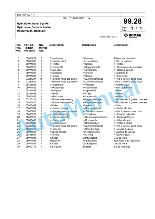 Bomag BW 154 ACP-4 Combination Roller Spare Parts Catalogue 00824721-3