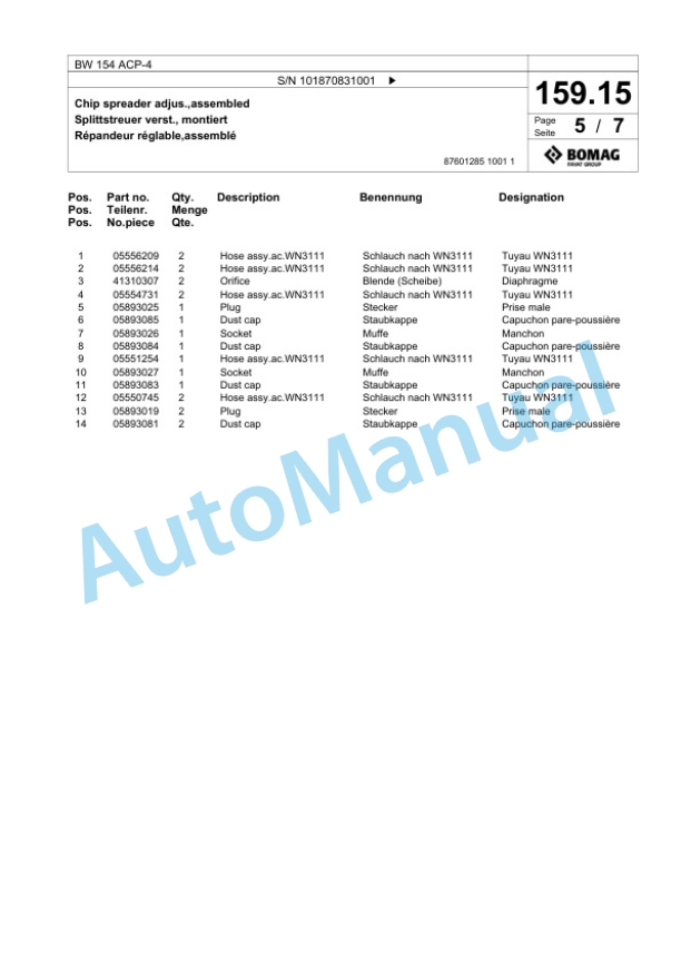 Bomag BW 154 ACP-4 Combination Roller Spare Parts Catalogue 00824721-5