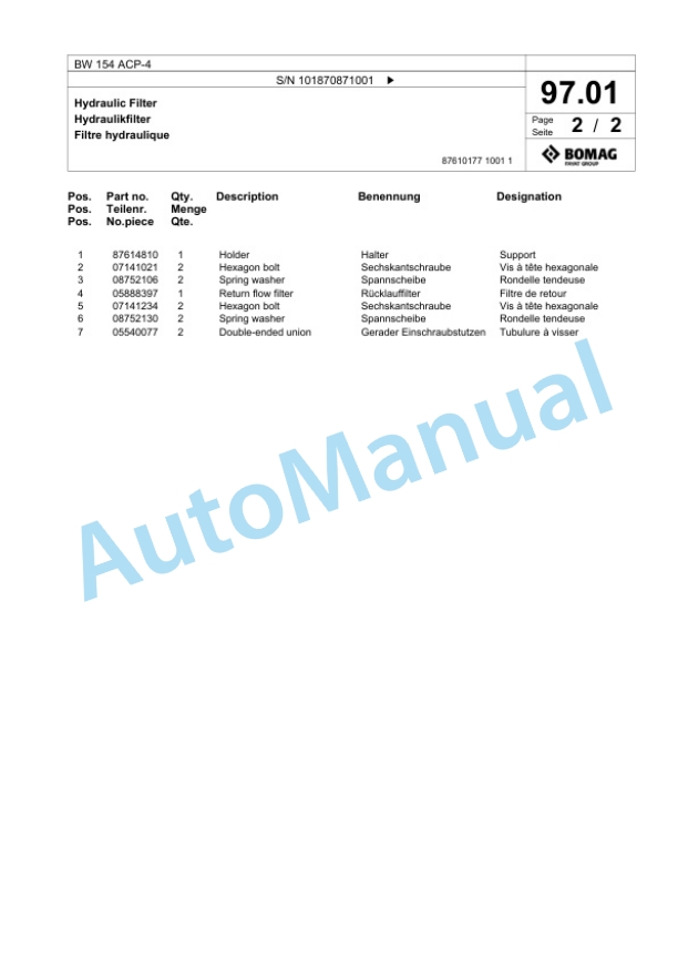 Bomag BW 154 ACP-4 Combination Roller Spare Parts Catalogue 00825675-2