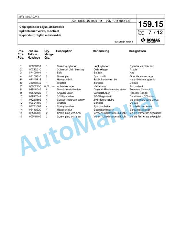 Bomag BW 154 ACP-4 Combination Roller Spare Parts Catalogue 00825675-4