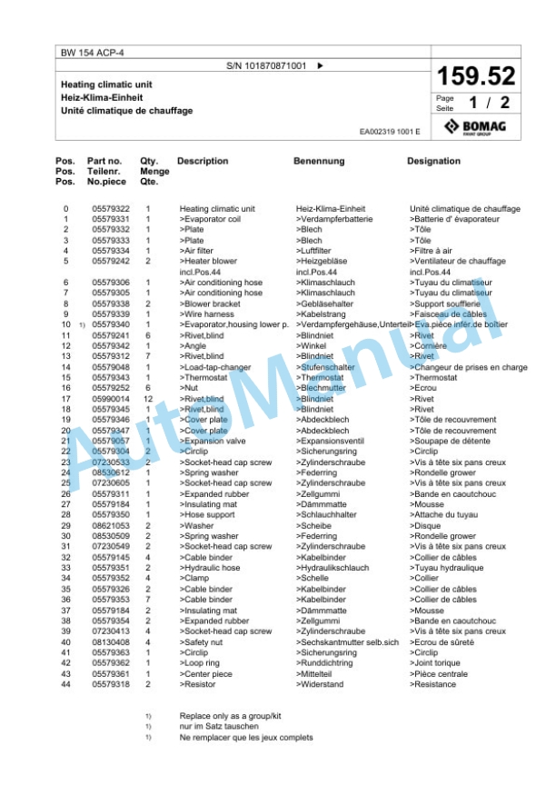 Bomag BW 154 ACP-4 Combination Roller Spare Parts Catalogue 00825675-5