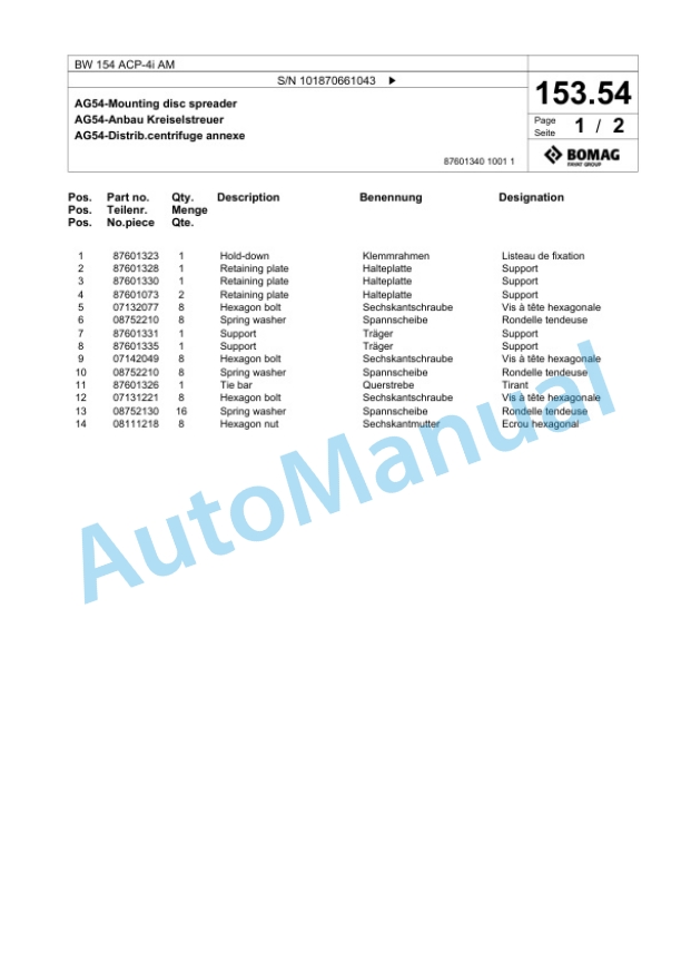 Bomag BW 154 ACP-4i AM Combination Roller Spare Parts Catalogue 00824589-4