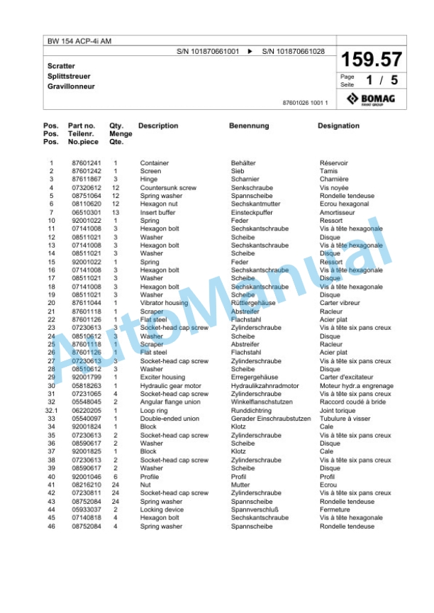Bomag BW 154 ACP-4i AM Combination Roller Spare Parts Catalogue 00824589-5