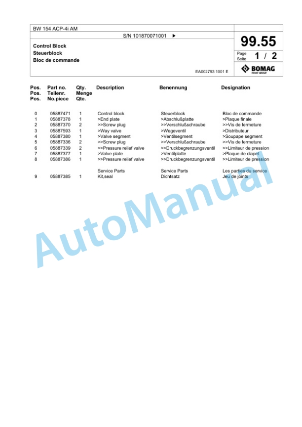 Bomag BW 154 ACP-4i AM Combination Roller Spare Parts Catalogue 00825383-3