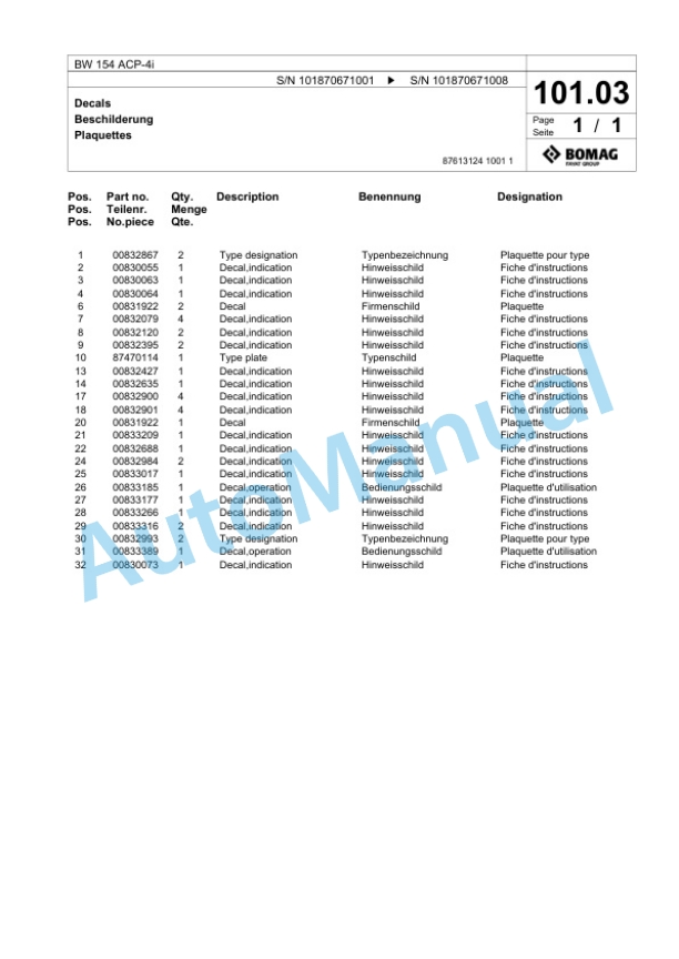 Bomag BW 154 ACP-4i Combination Roller Spare Parts Catalogue 00824591-3